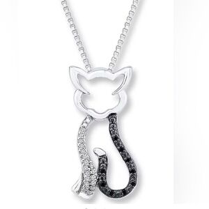 Kay Jewelers Silver Cat Pendant with Black and White Diamonds